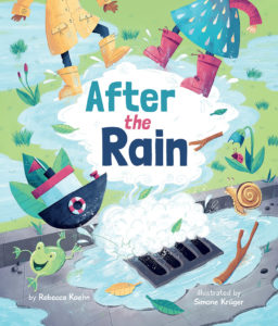 Illustrated image by Simone Kruger of two children playing in a puddle and a sailboat headed towards a drain for a children's picture book by Rebecca Koehn